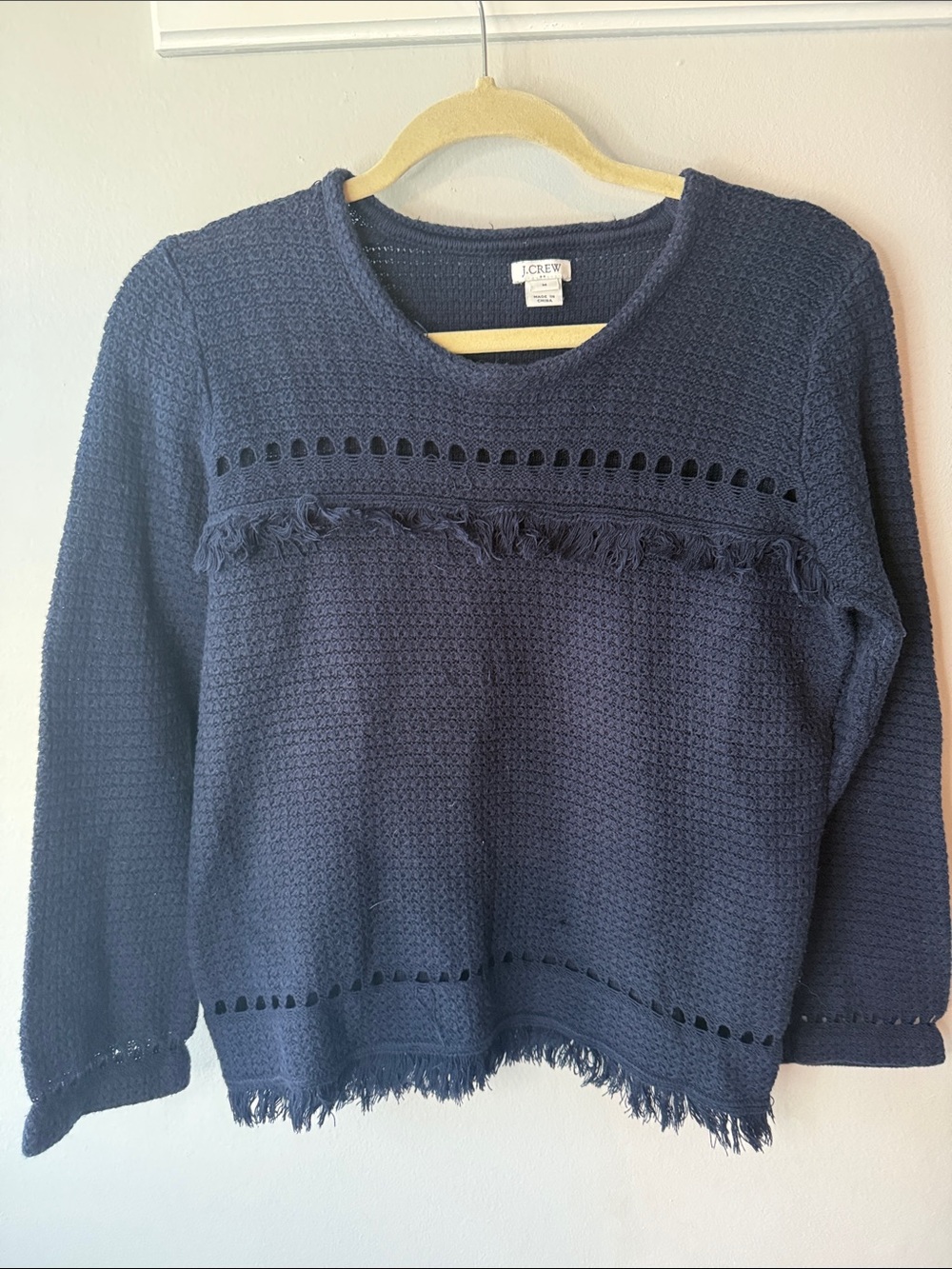 J. Crew Navy Blue Crochet Fringe Crewneck Sweater